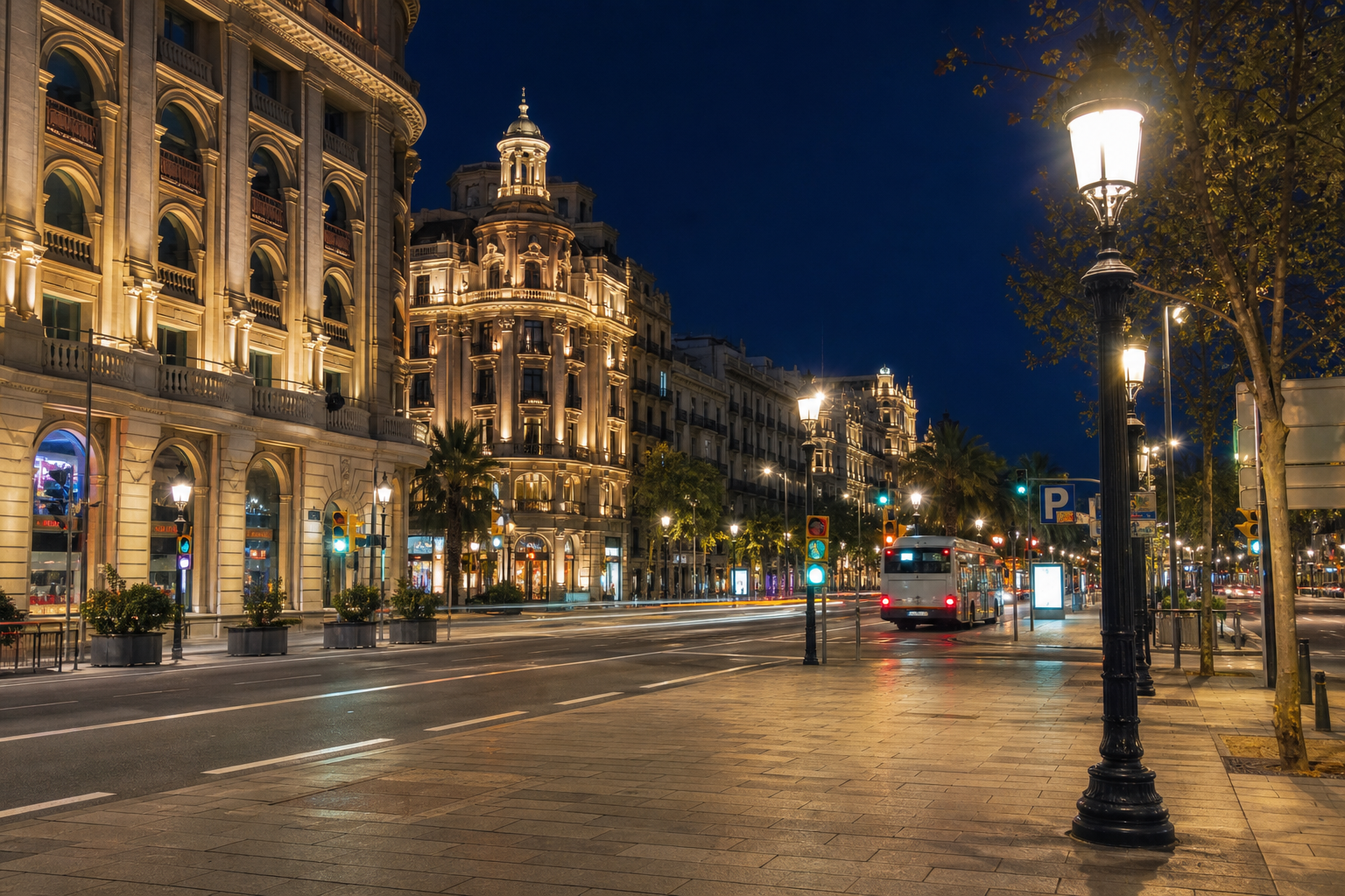Barcelona city centre at night.