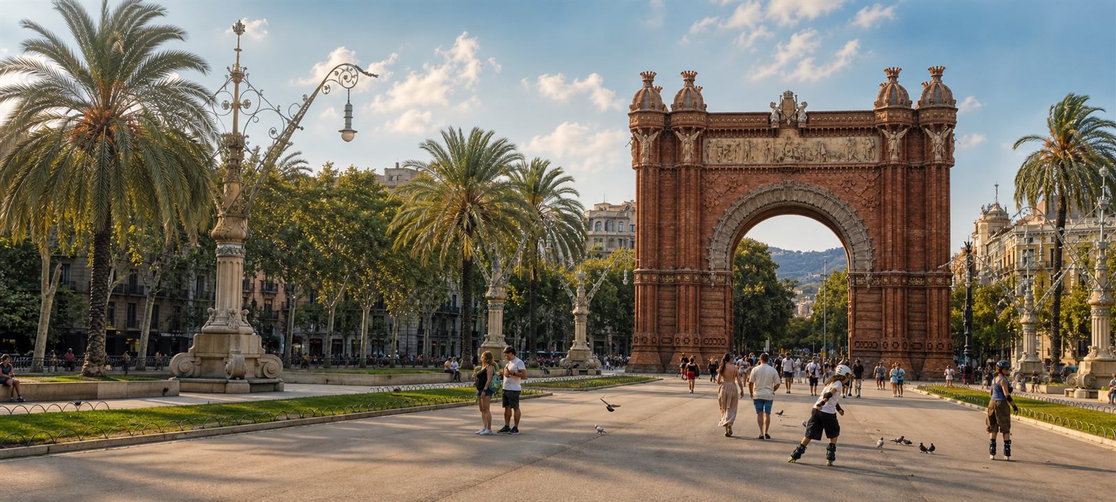 Arc de Triomf with people walking through the promenade