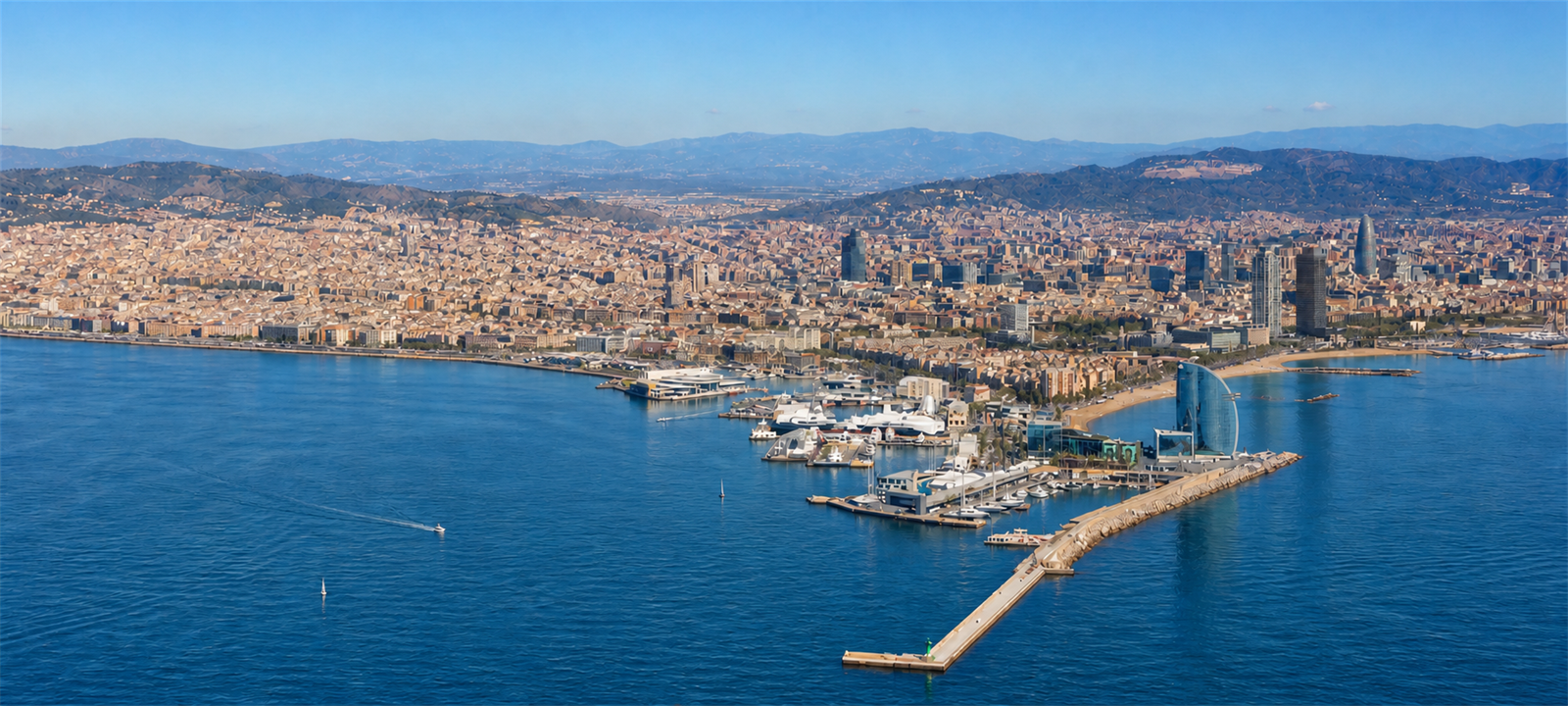 Barcelona waterfront and city skyline from above