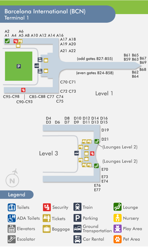 barcelona airport terminal 2b map Airport El Prat Bcn Terminal 1 T1 And Terminal 2 T2 barcelona airport terminal 2b map