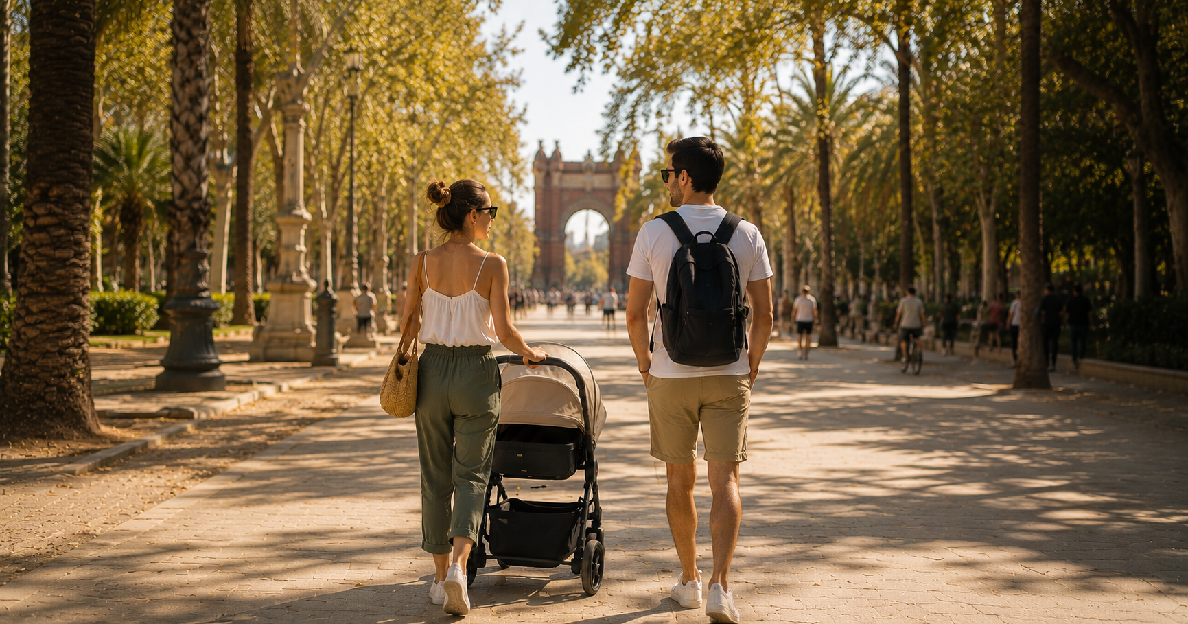 Parents walking with a stroller toward Arc de Triomf on a shaded promenade.