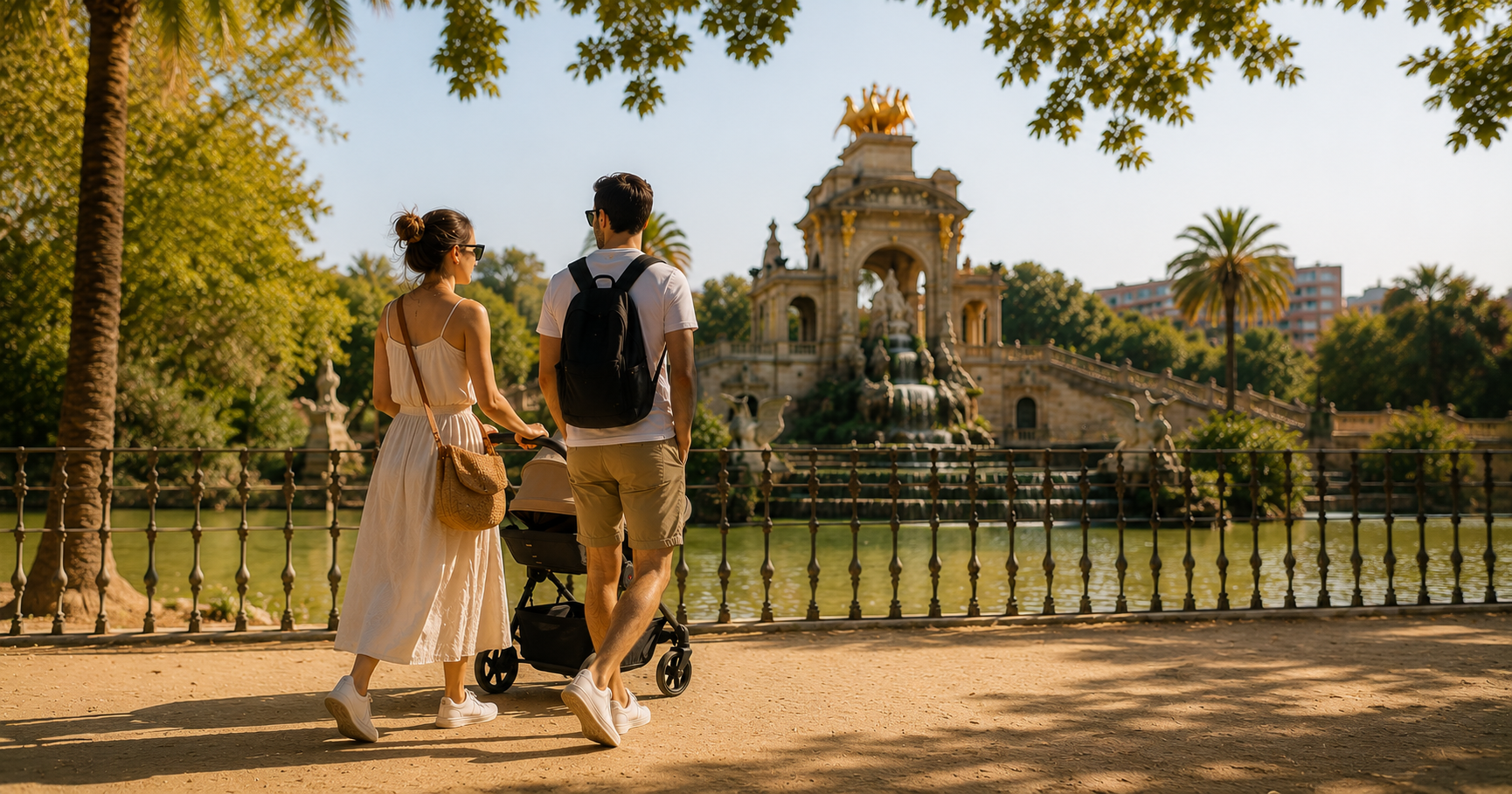 Parents with a stroller walking beside the Cascada Monumental in Parc de la Ciutadella.