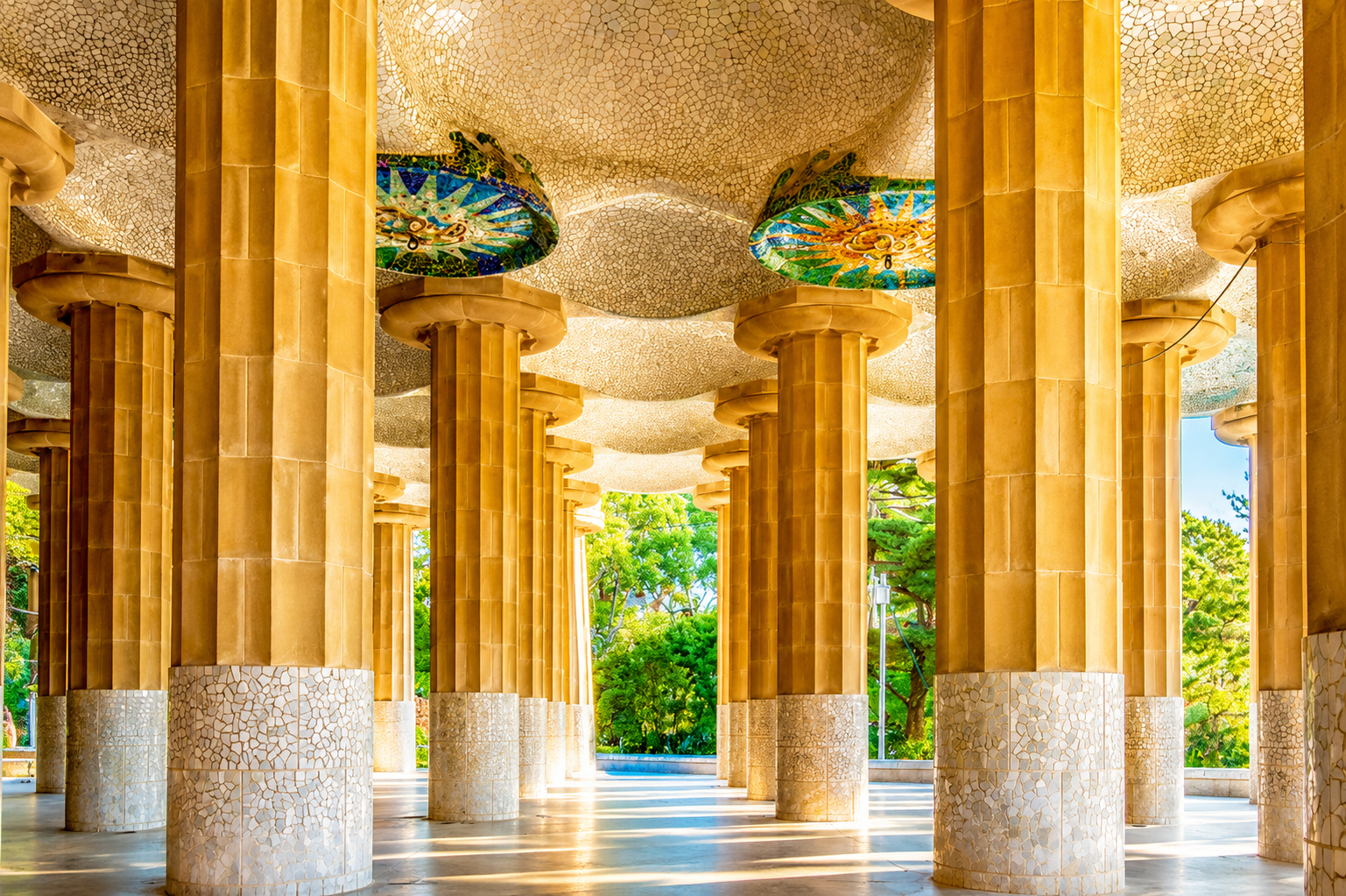 Hypostyle Room columns and mosaic ceiling at Park Guell.