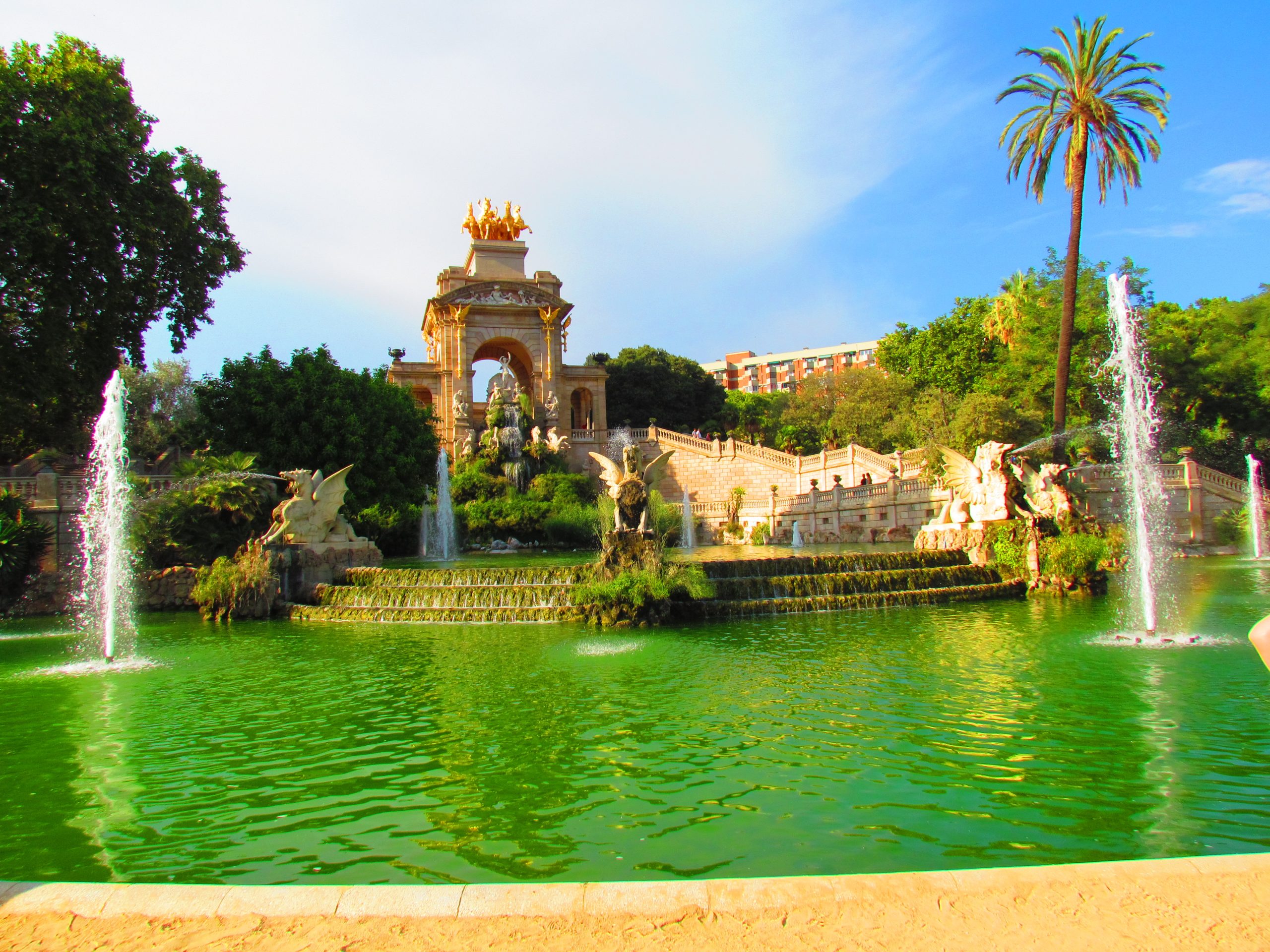 Wide view of the Cascada Monumental fountains in Parc de la Ciutadella.