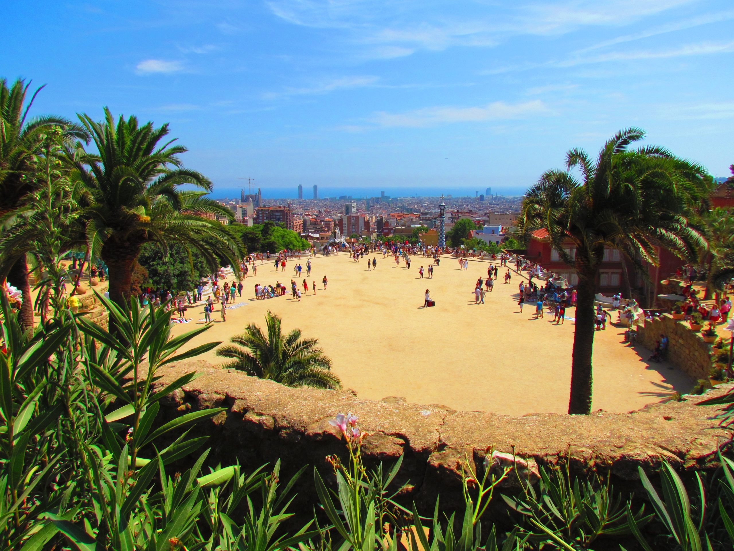 Wide view from Park Guell over Barcelona and the Mediterranean.