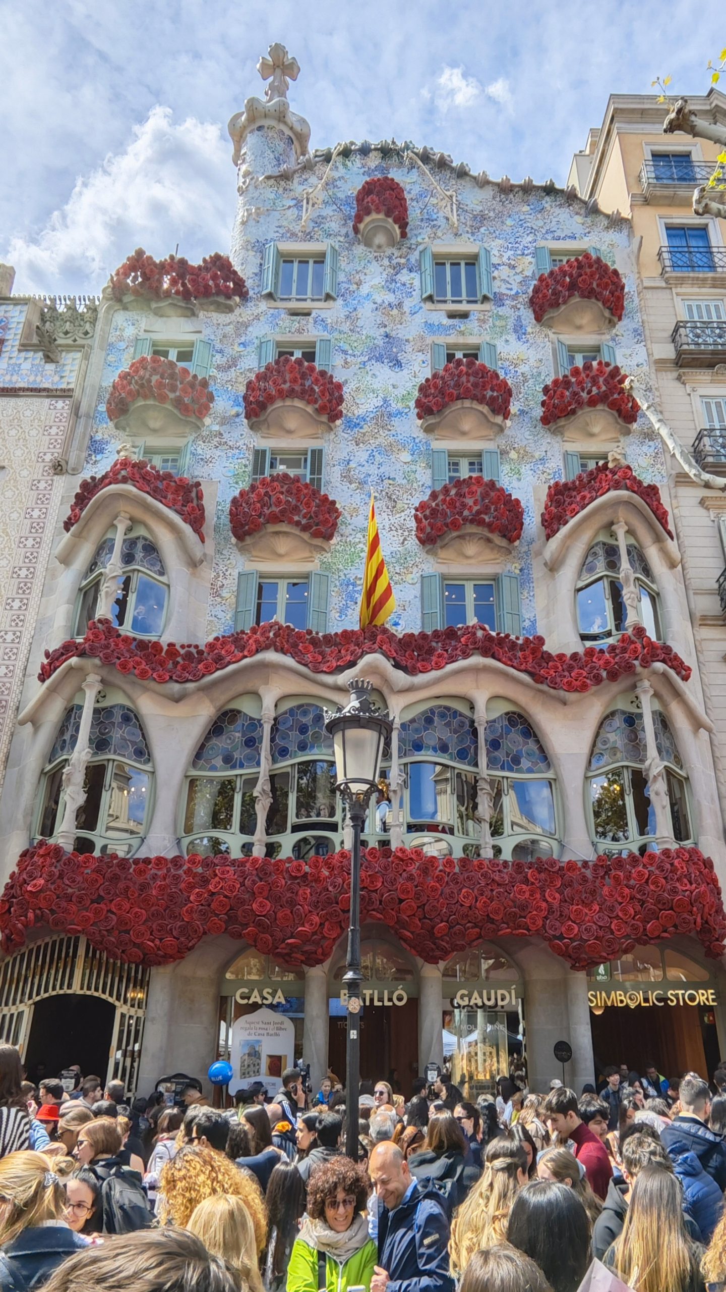 Casa Batllo decorated with red roses for Sant Jordi in Barcelona.